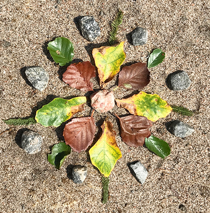 mandala av höstiga löv och stenar